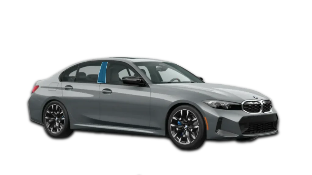 Diagram of B-Pillar protection for a 2026 BMW M340i. Vertical blue zones show clear film application on piano black trim.