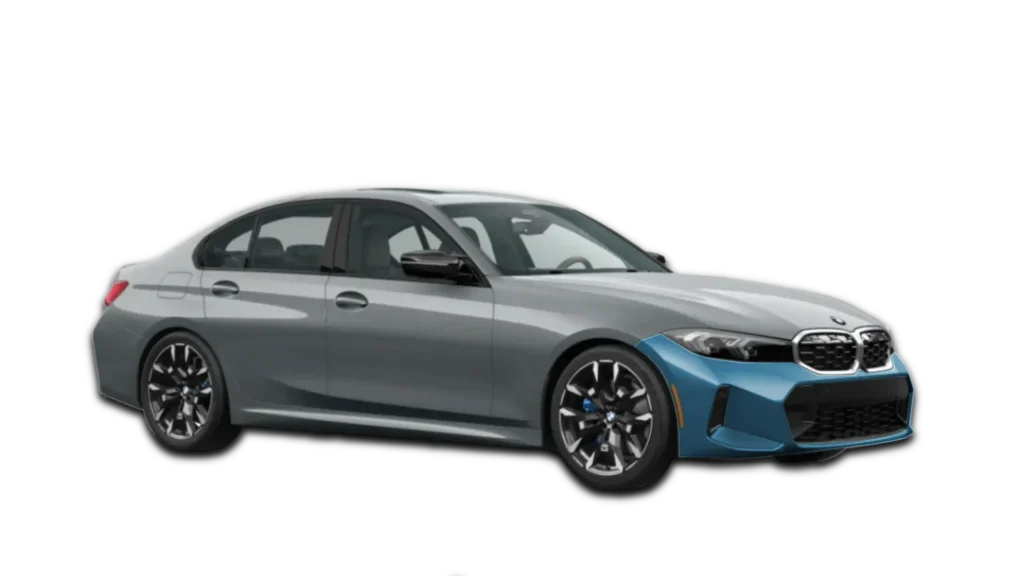 Bumper Only PPF coverage map for a 2026 BMW M340i. The front bumper is highlighted in blue to show clear film application areas.