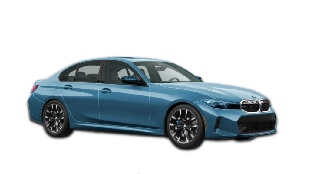 Graphical representation of Complete Vehicle PPF on a 2026 BMW M340i. Covered areas are highlighted in blue; actual film is optically clear.