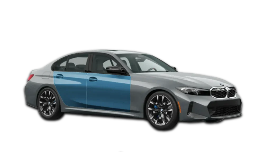 Diagram showing Full Door PPF protection for a BMW M340i. All 4 doors are highlighted in blue to indicate clear film coverage.
