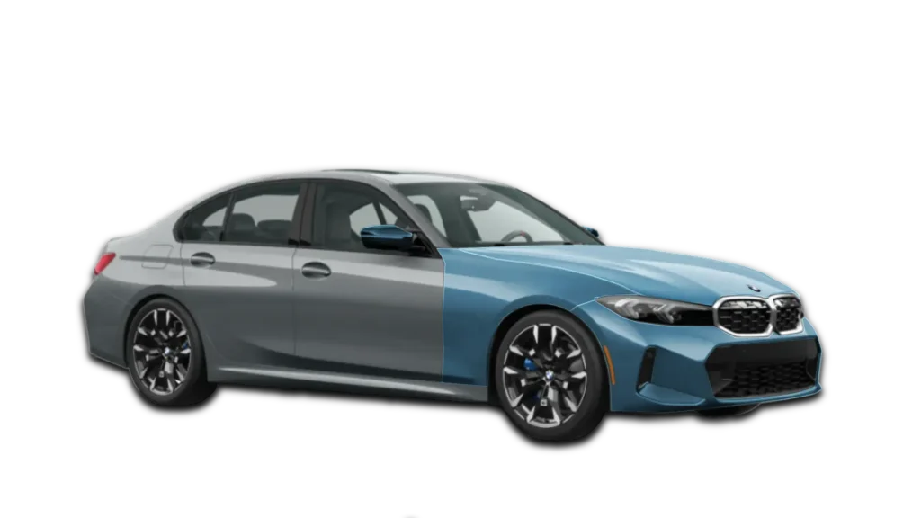 Diagram of Full Front PPF coverage on a 2026 BMW M340i. Blue areas indicate clear film protection for the hood, fenders, and bumper.