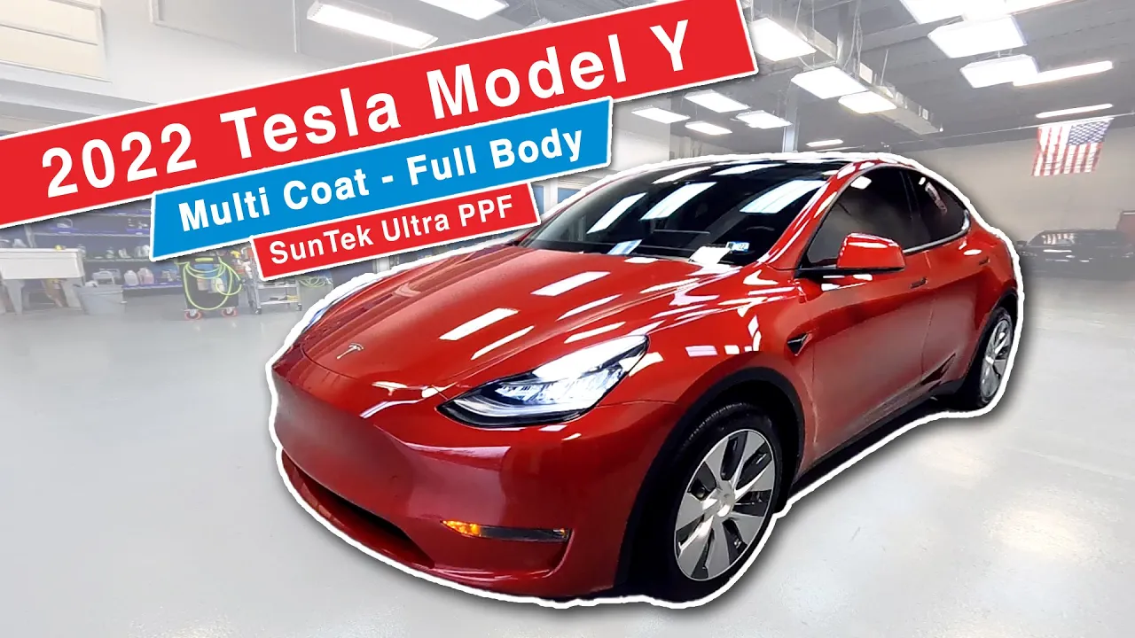 Video: A complete full-body SunTek Ultra Paint Protection Film installation on a 2022 Red Multi-Coat (Paint Code PPMR/PMMR) Tesla Model Y, featuring our safe "no-disassembly" process.