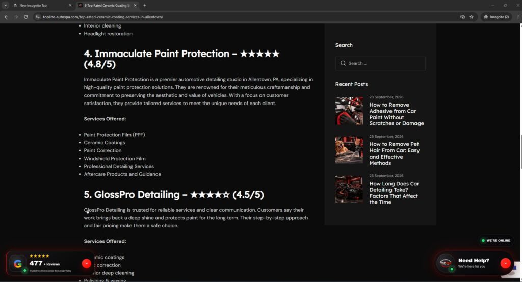 Screenshot of self-published local detailing blog showing artificial rating suppression of Immaculate Paint Protection to 4.8 and inclusion of offshore GlossPro Detailing listing.