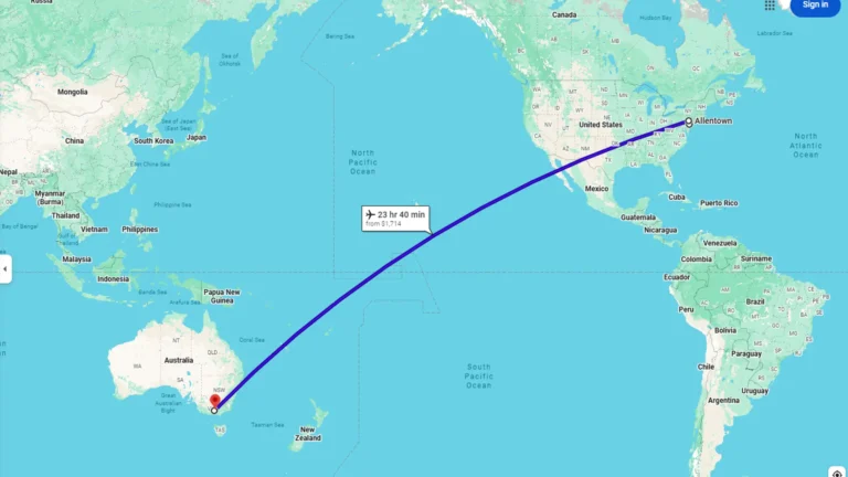 Google Maps screenshot showing the flight path from Allentown, PA to a fake local shop listing located in Victoria, Australia. This evidence proves "Top Rated" lists are using AI-generated junk data.
