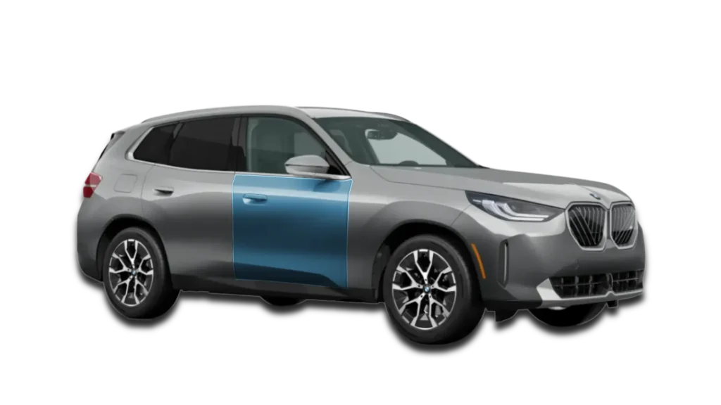 Graphical map of 2-Door PPF coverage for a mid-size SUV. Both doors are highlighted in blue to show clear film application; actual film is clear.