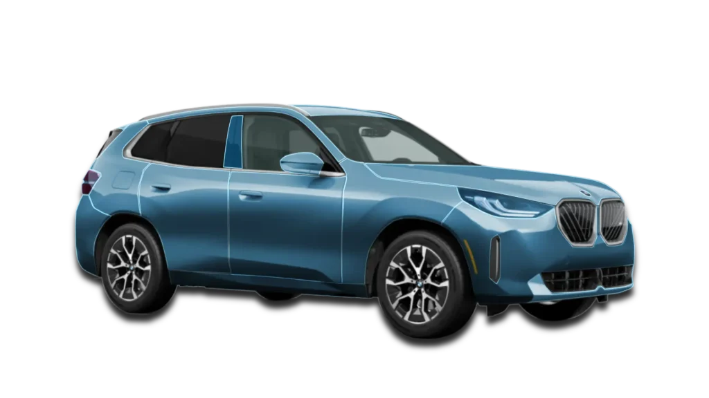 Graphical representation of Complete Vehicle PPF on a 2026 BMW X3. Covered areas are highlighted in blue; actual film is optically clear.