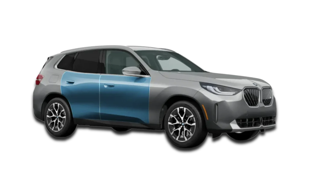 Diagram showing Full Door PPF protection for a BMW X3. All 4 doors are highlighted in blue to indicate clear film coverage.