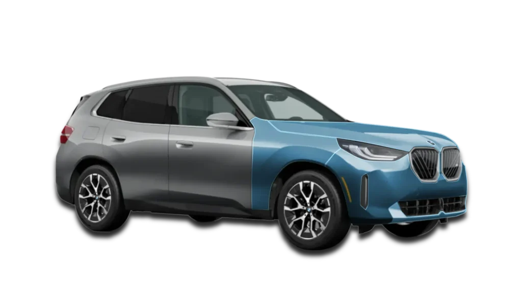 Diagram of Full Front PPF coverage on a 2026 BMW X3. Blue areas indicate clear film protection for the hood, fenders, and bumper.