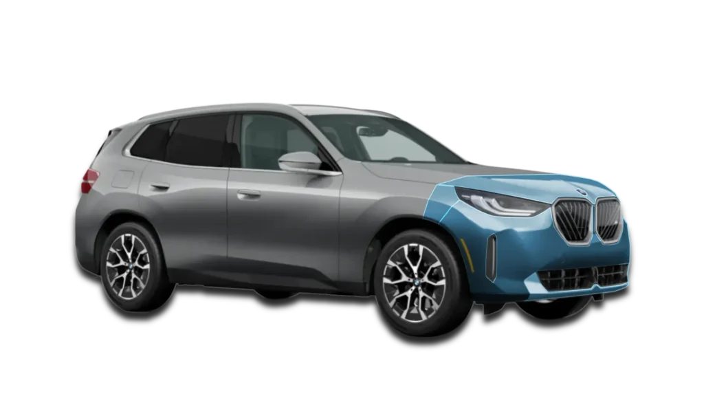 Graphical representation of Partial Front PPF on a BMW X3. Blue highlights show the leading edges protected by clear film.