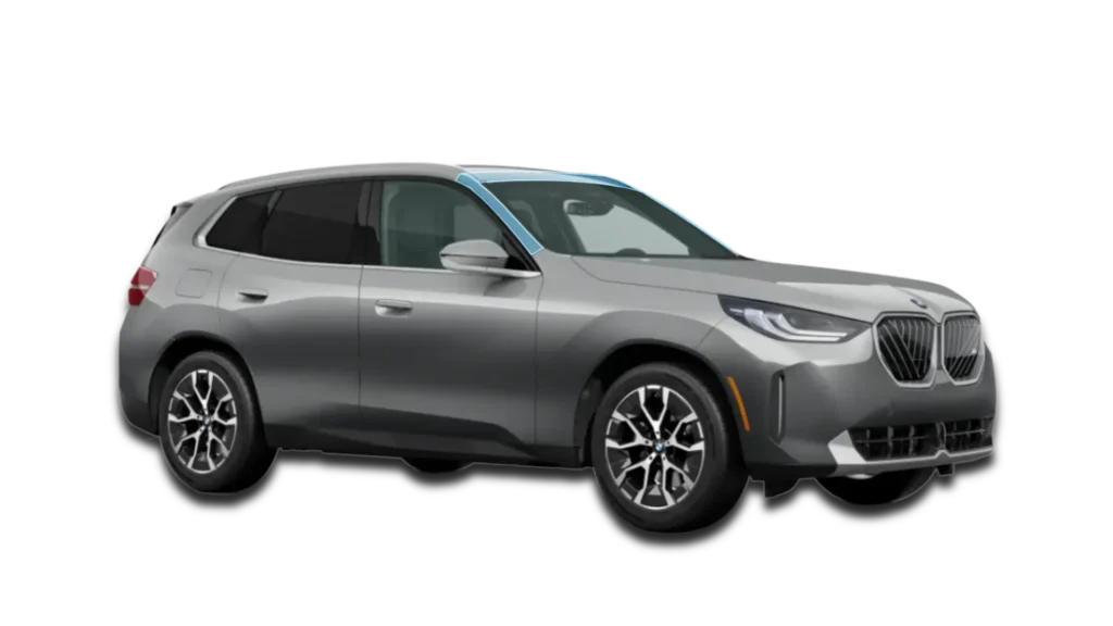 Coverage map for A-Pillars and Roof Strip PPF on a 2026 BMW X3. Protected clear film areas are represented in blue.