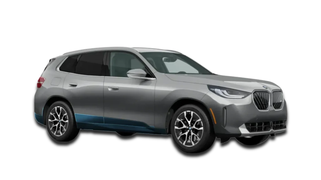 Technical diagram showing Rocker Panel PPF on a BMW X3. Blue zones represent clear film coverage for lower body panels.