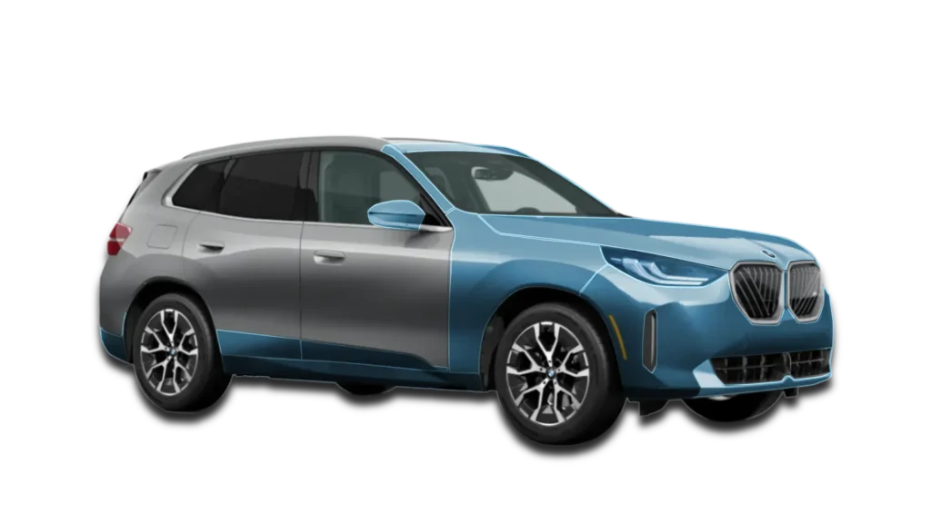 Graphical map of the Track Pack PPF for a BMW X3. Blue highlights show high-impact areas covered by clear paint protection film.