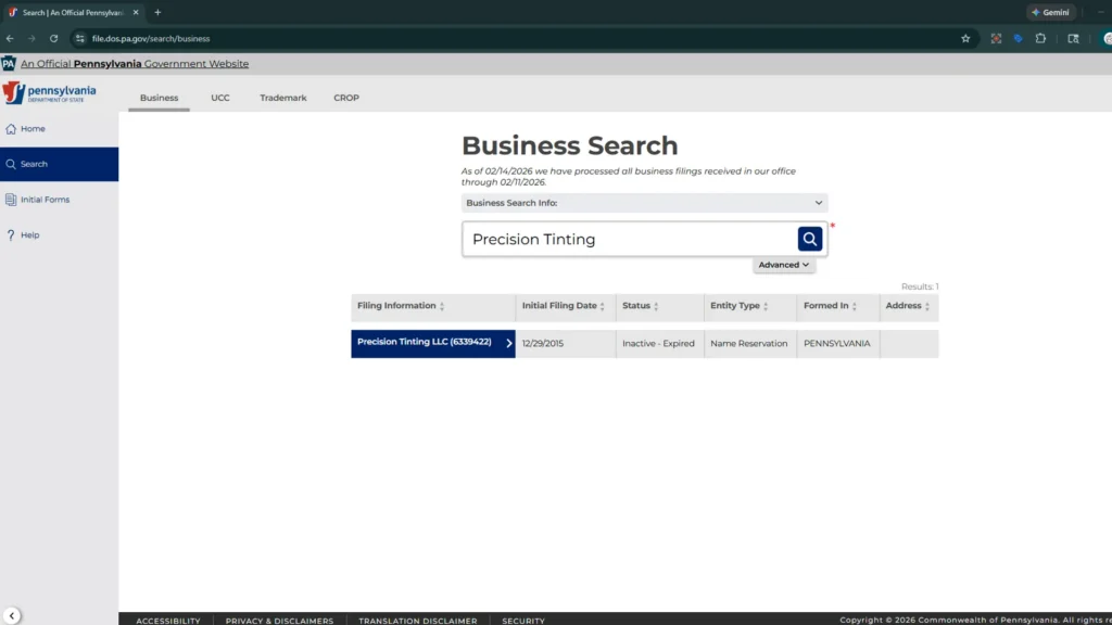 Official Pennsylvania Department of State record confirming Precision Tinting LLC has been Inactive since April 2016. Proof that 'Top 7' lists are recommending businesses that no longer exist.