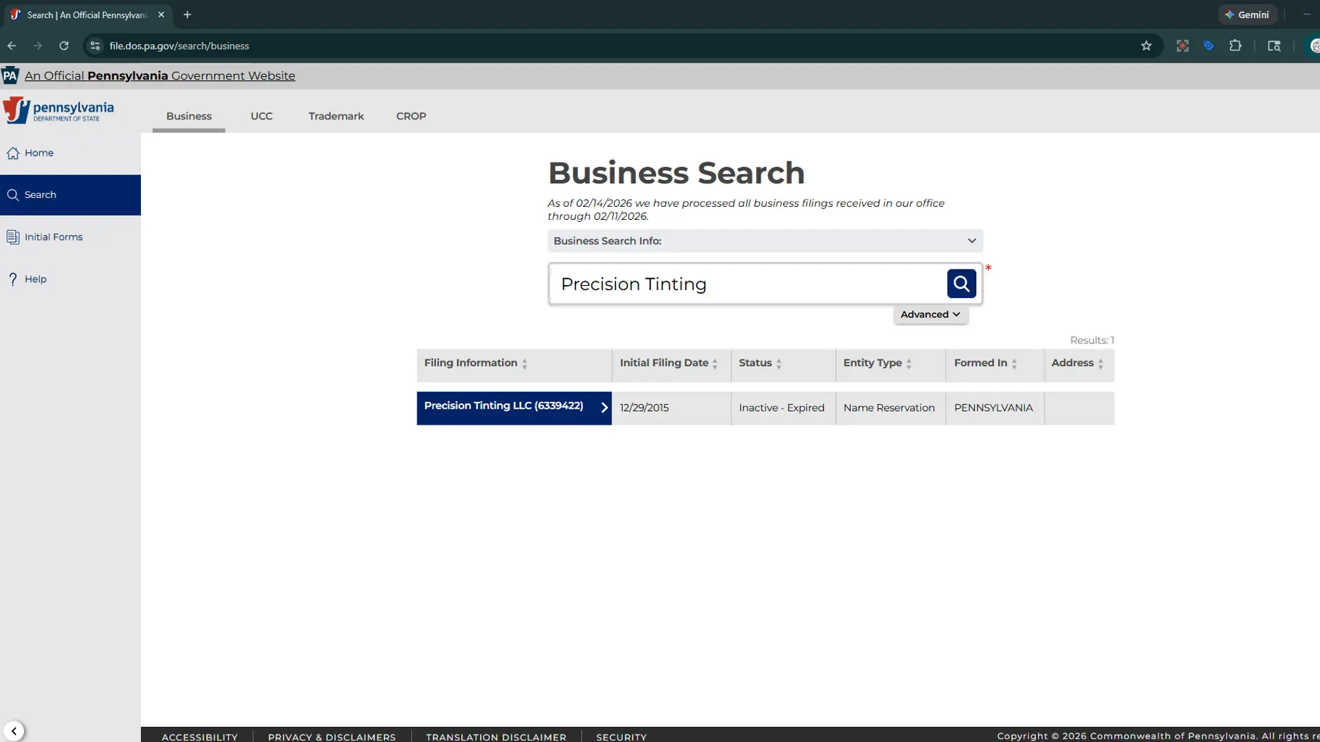 Official Pennsylvania Department of State record confirming Precision Tinting LLC has been Inactive since April 2016. Proof that 'Top 7' lists are recommending businesses that no longer exist.