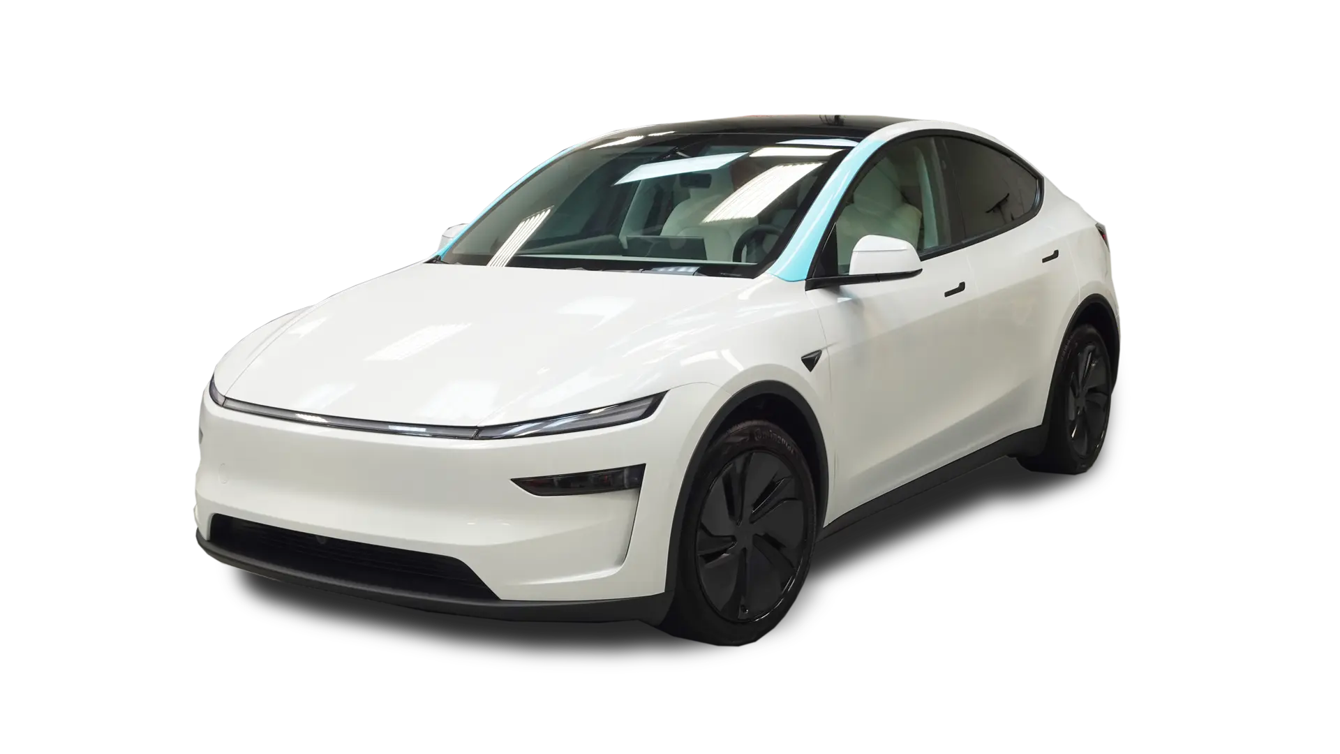 Coverage map for A-Pillars PPF on a 2026 Tesla Model Y. Protected clear film areas are represented in blue.