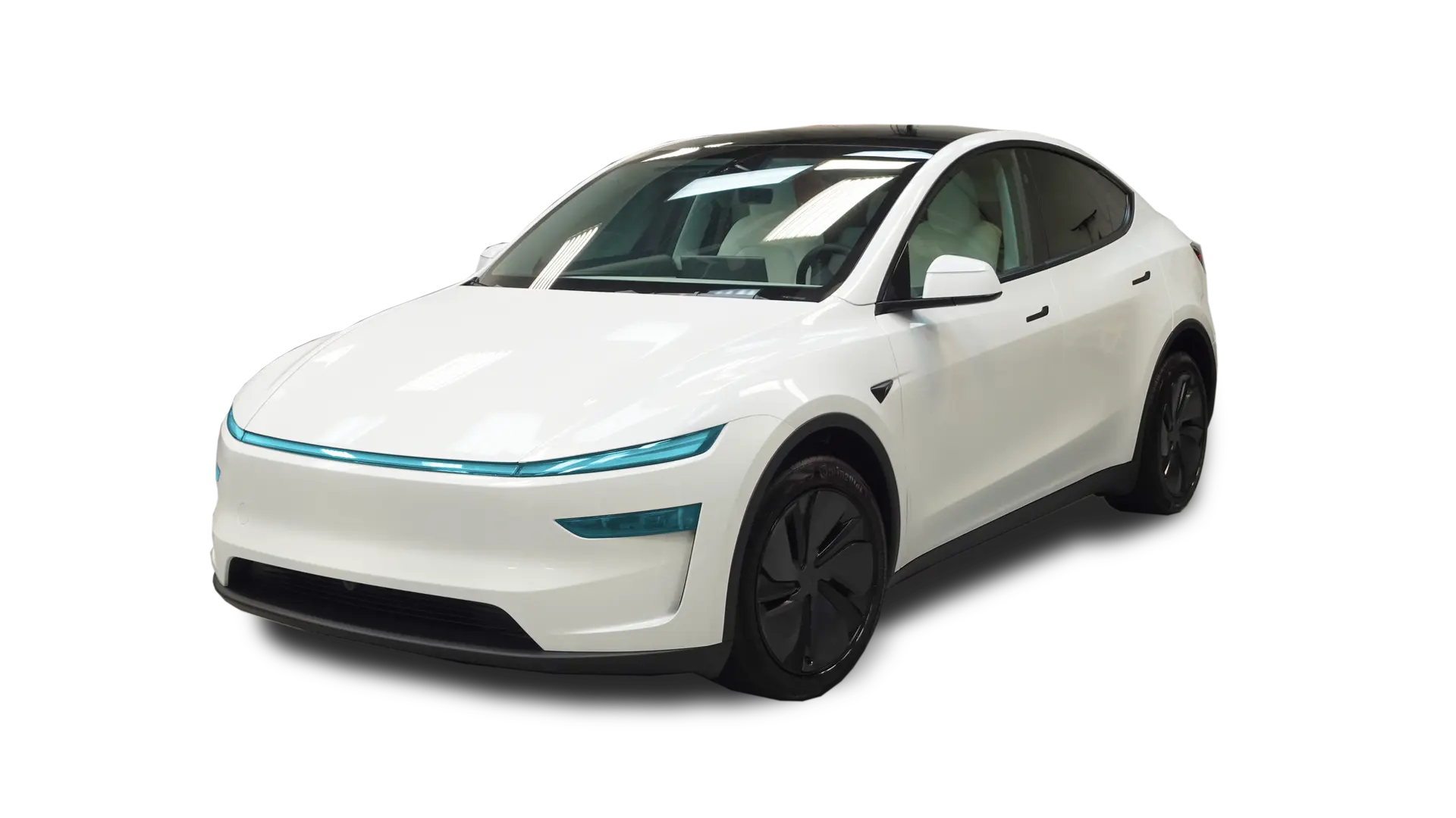 Graphical map of headlight protection on a 2026 Tesla Model Y. Blue highlights show clear film coverage for the lenses.