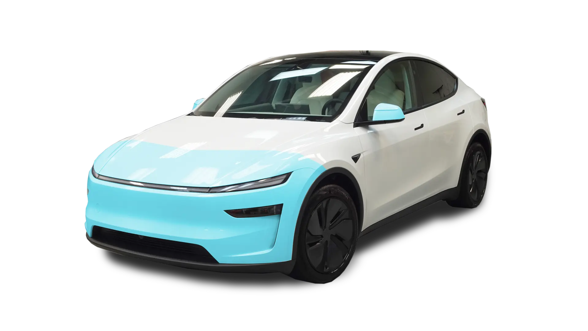 Graphical representation of Partial Front PPF on a Tesla Model Y. Blue highlights show the leading edges protected by clear film.