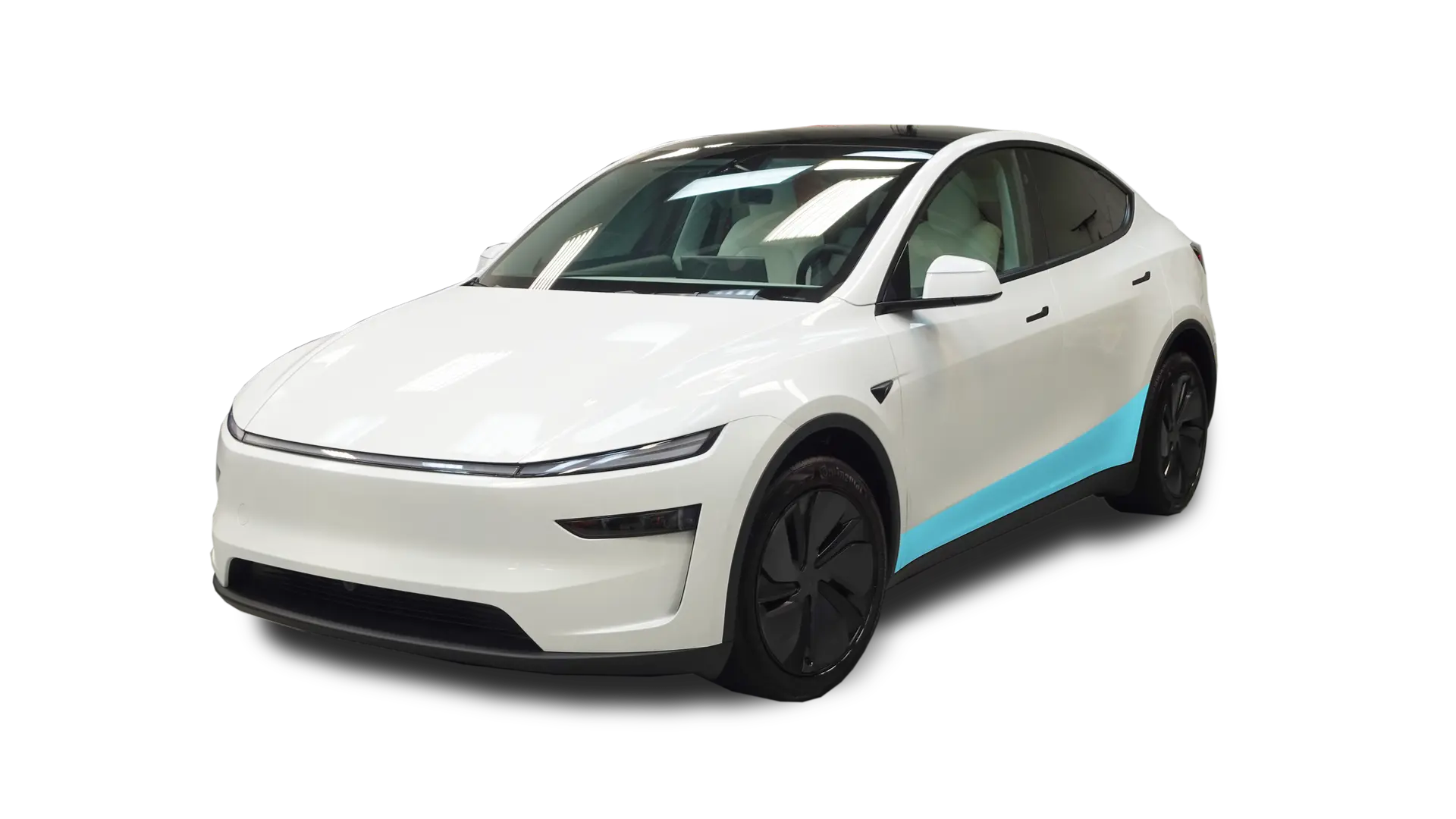 Technical diagram showing Rocker Panel PPF on a Tesla Model Y. Blue zones represent clear film coverage for lower body panels.