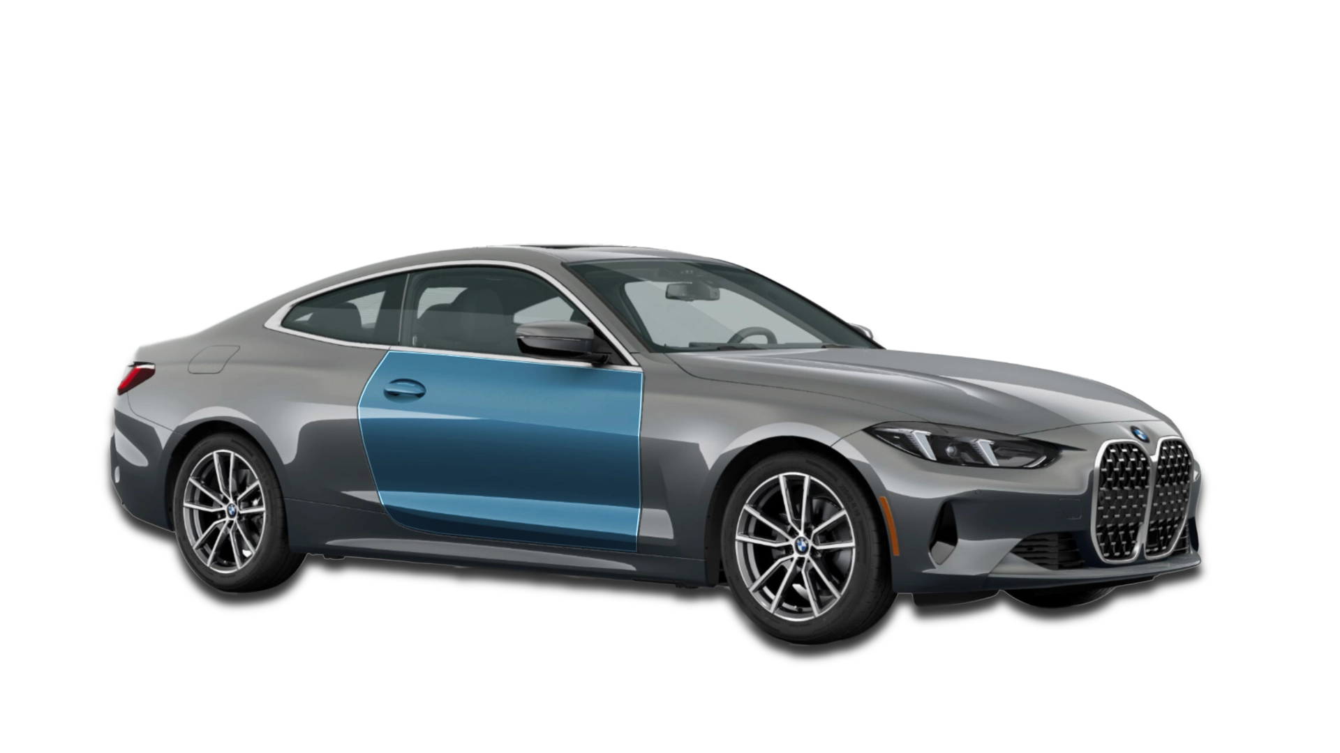 Graphical representation of 2-Door PPF coverage on a BMW M430i. Both doors are highlighted in blue to show clear film application; actual film is optically clear.