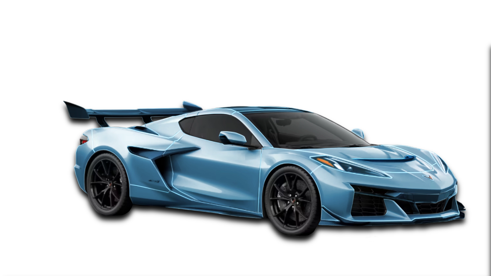 Graphical representation of Complete Vehicle PPF on a 2026 Chevrolet Corvette ZR1. All painted surfaces are highlighted in blue; actual film is optically clear.
