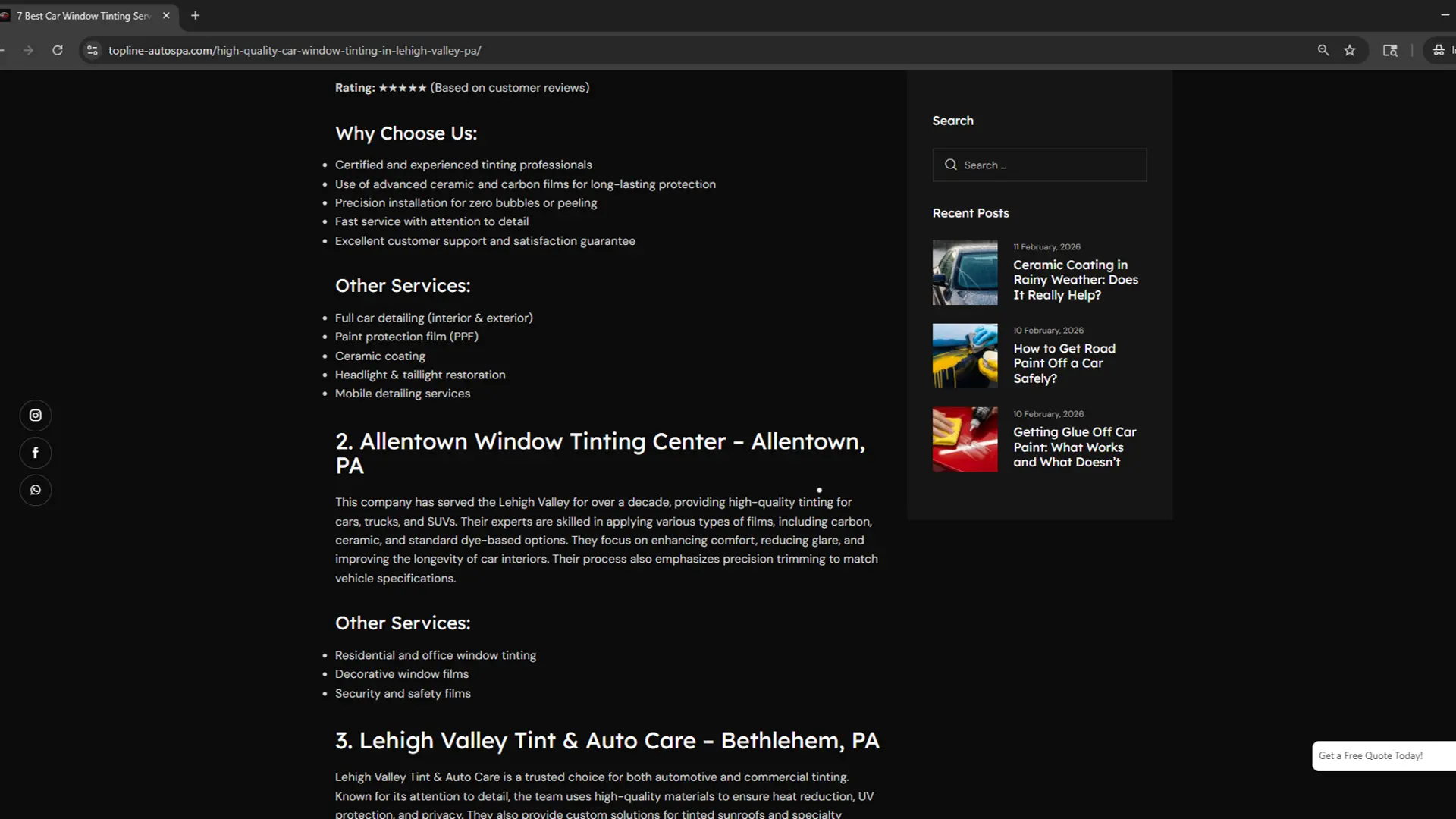 Screenshot of a 'Ghost Shop' listing for Allentown Window Tinting Center. This fictitious name is used as a keyword trap to mislead consumers searching for window tint in Allentown.