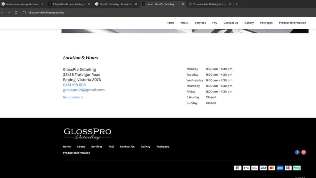 Screenshot confirming that "GlossPro Detailing," listed as a "Top Rated" shop in Lehigh Valley, is actually located in Epping, Victoria, Australia. Proof of fake local search results.