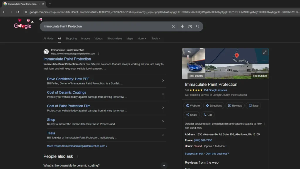 Verified Google Reviews for Immaculate Paint Protection in Allentown, PA, showing a perfect 5.0-star rating. Proof of authentic local business reputation.