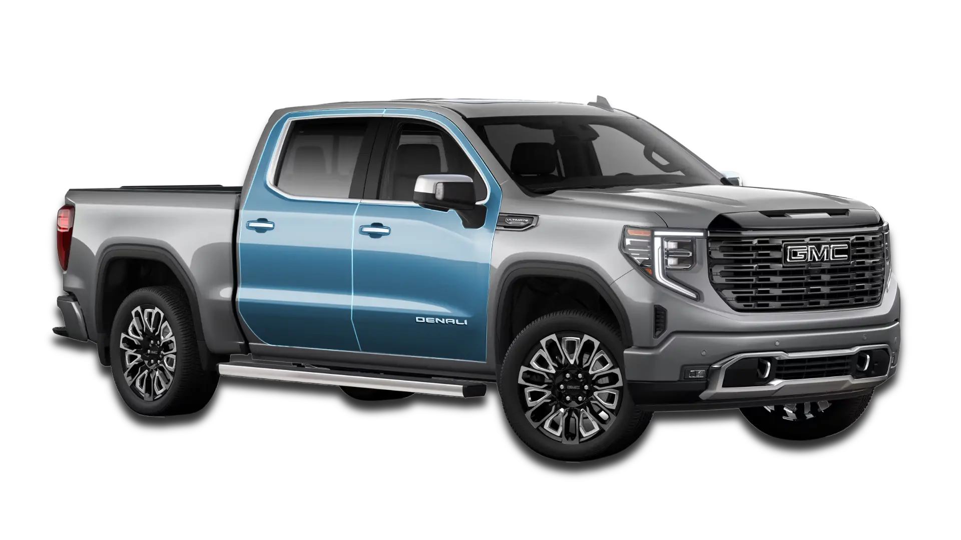 Diagram showing Full Door PPF protection for a Crew Cab GMC Sierra Denali. All 4 doors are highlighted in blue to indicate clear film coverage.