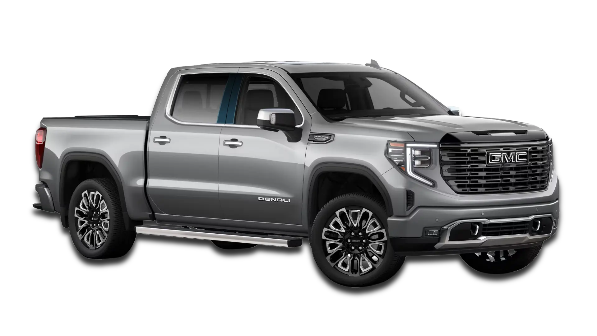 Diagram of B-Pillar protection for a 2026 GMC Sierra Denali. Vertical blue zones show clear film application on the gloss black door trim.