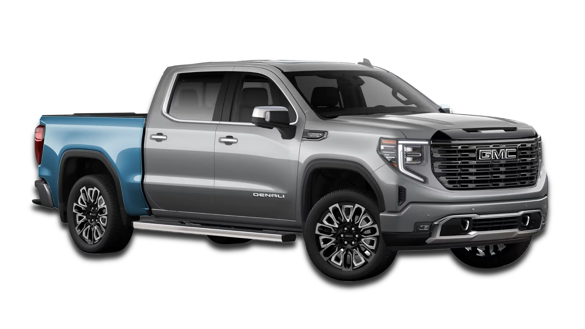 Graphical representation of Truck Bedside PPF on a GMC Sierra Denali. Blue highlights show clear film protection for the painted outer bed panels.