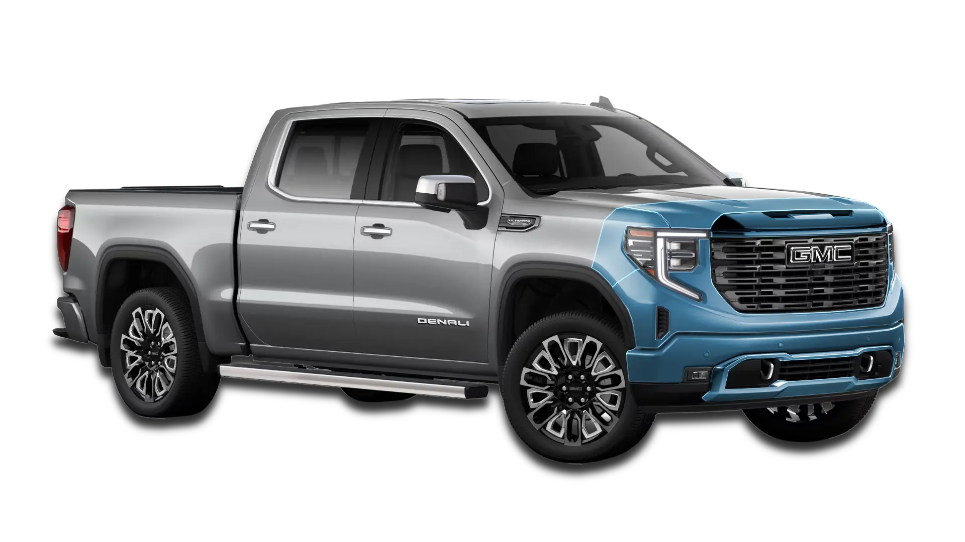 Graphical representation of Partial Front PPF on a GMC Sierra. Blue highlights show the clear film protecting the leading edges of the truck's front end.