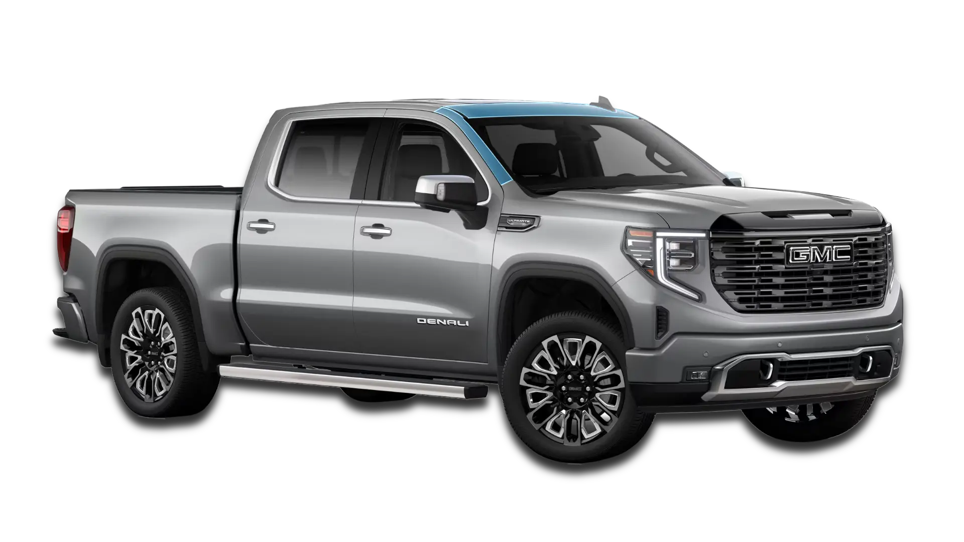 Coverage map for A-Pillars and Roof Strip PPF on a GMC Sierra Denali. Blue highlights indicate clear film protection for the cab's upper impact zones.