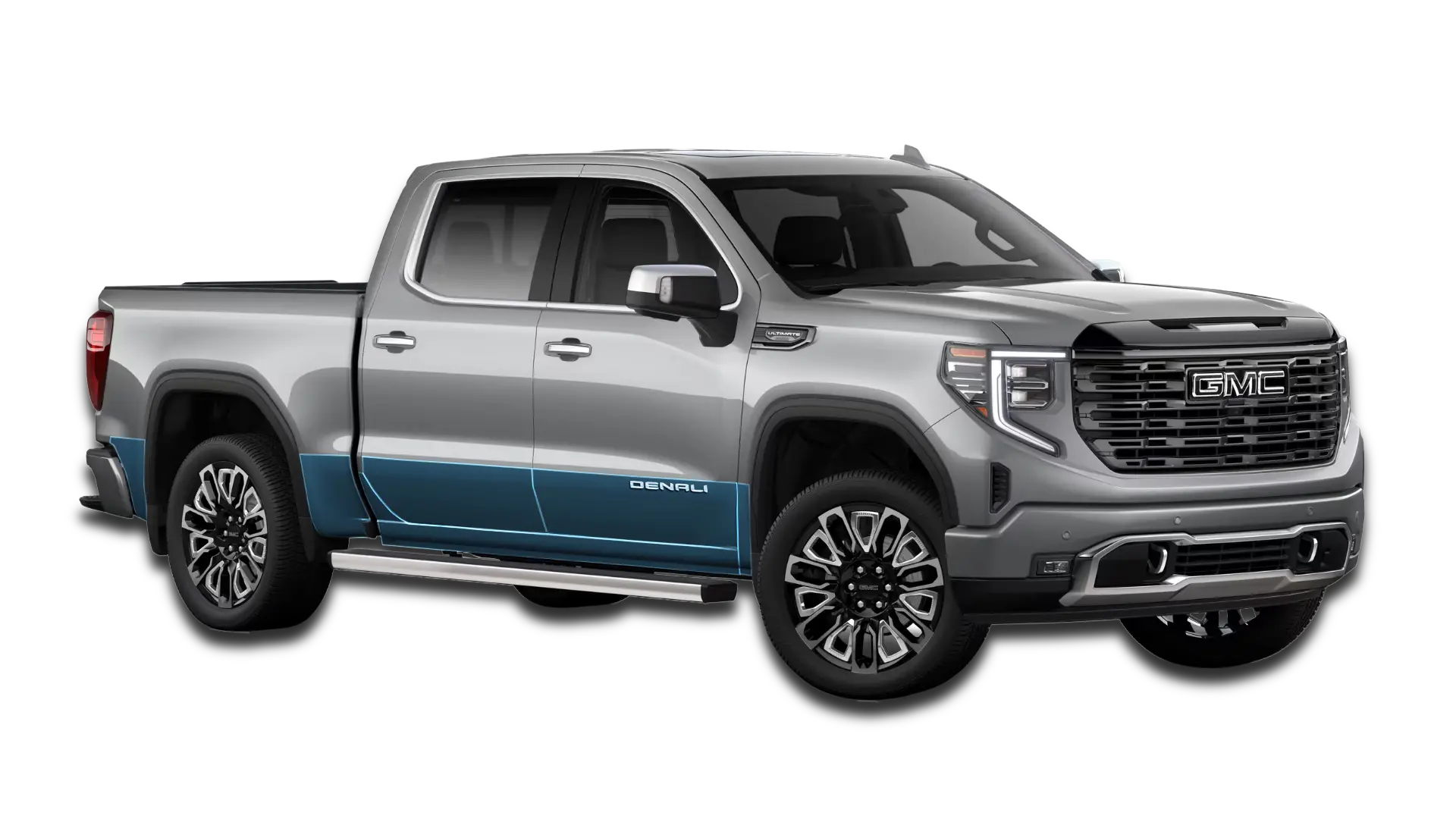 Technical diagram showing Rocker Panel PPF on a GMC Sierra. Blue zones represent clear film coverage for the lower "blast zones" of the truck.