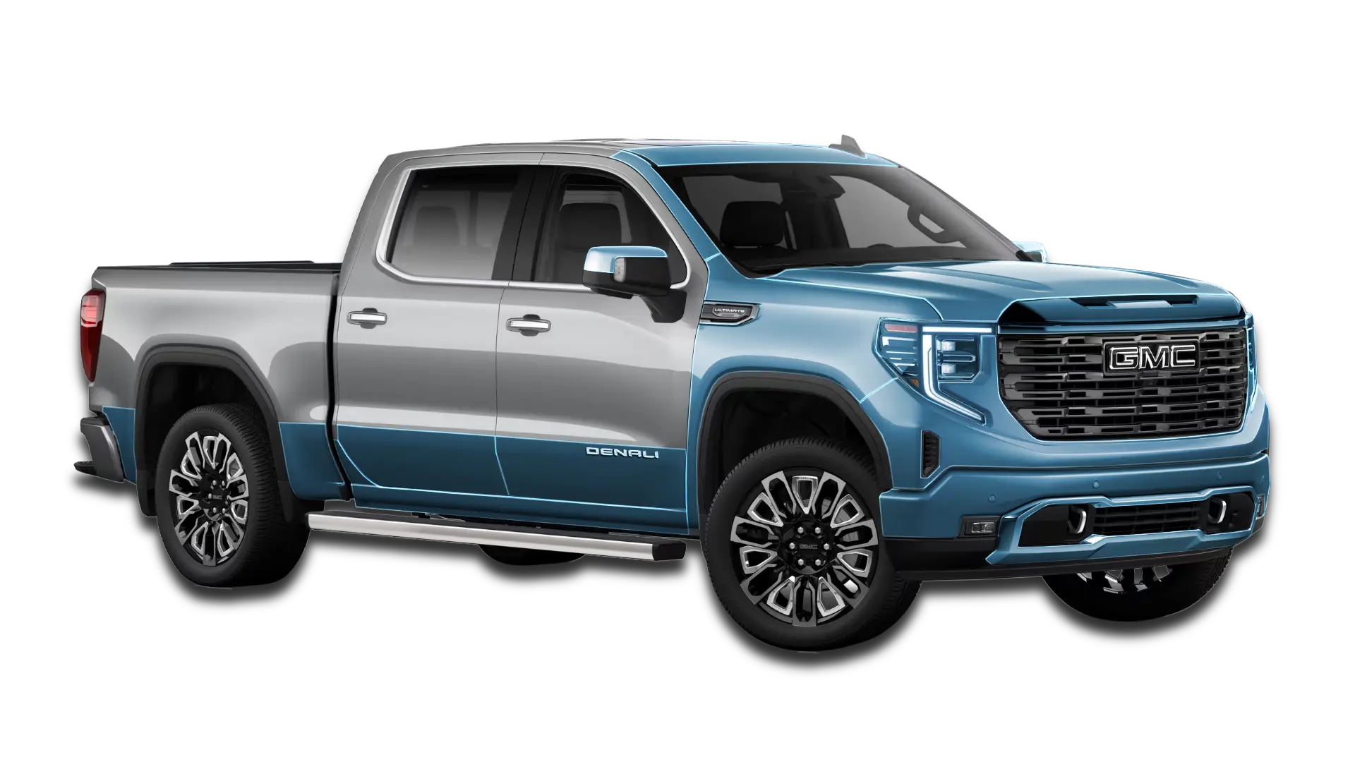 Graphical map of the Track Pack PPF for a GMC Sierra Denali. Blue highlights show protection for the full front end, rocker panels, and headlights.