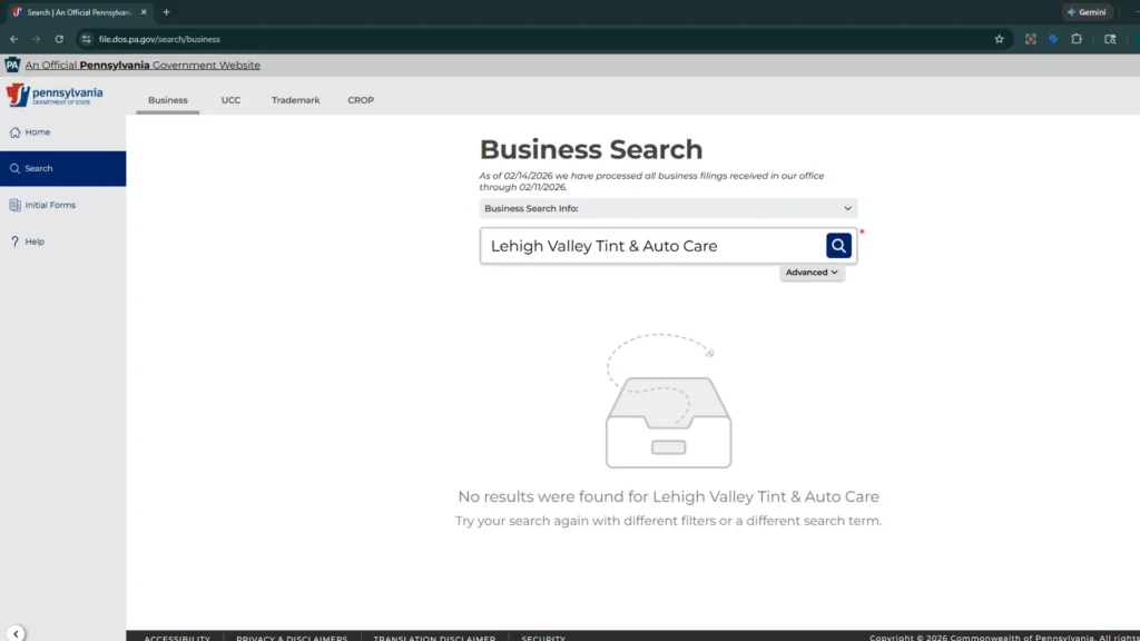Verification of a fake business entity: The Pennsylvania State Business Search returns zero results for Lehigh Valley Tint & Auto Care, proving the shop is a fabrication.