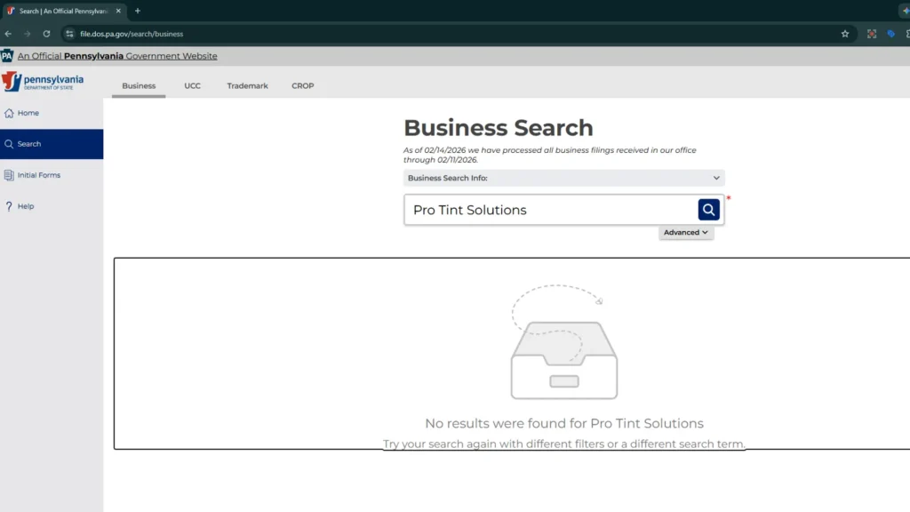 Official proof of a ghost shop: PA Department of State business entity search results showing 'No records found' for Pro Tint Solutions in Allentown, PA.