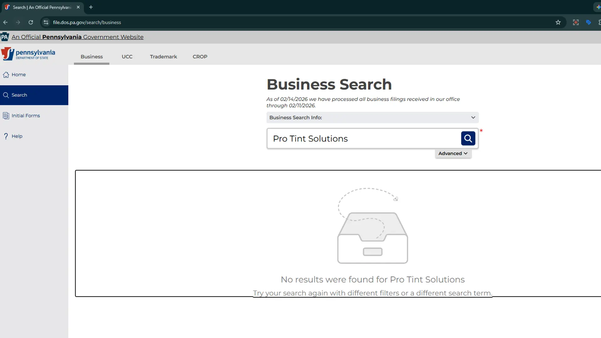 Official proof of a ghost shop: PA Department of State business entity search results showing 'No records found' for Pro Tint Solutions in Allentown, PA.