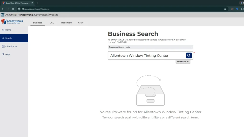 Definitive proof of search engine manipulation: PA Department of State search showing 'No records found' for Allentown Window Tinting Center, confirming it is not a registered business.