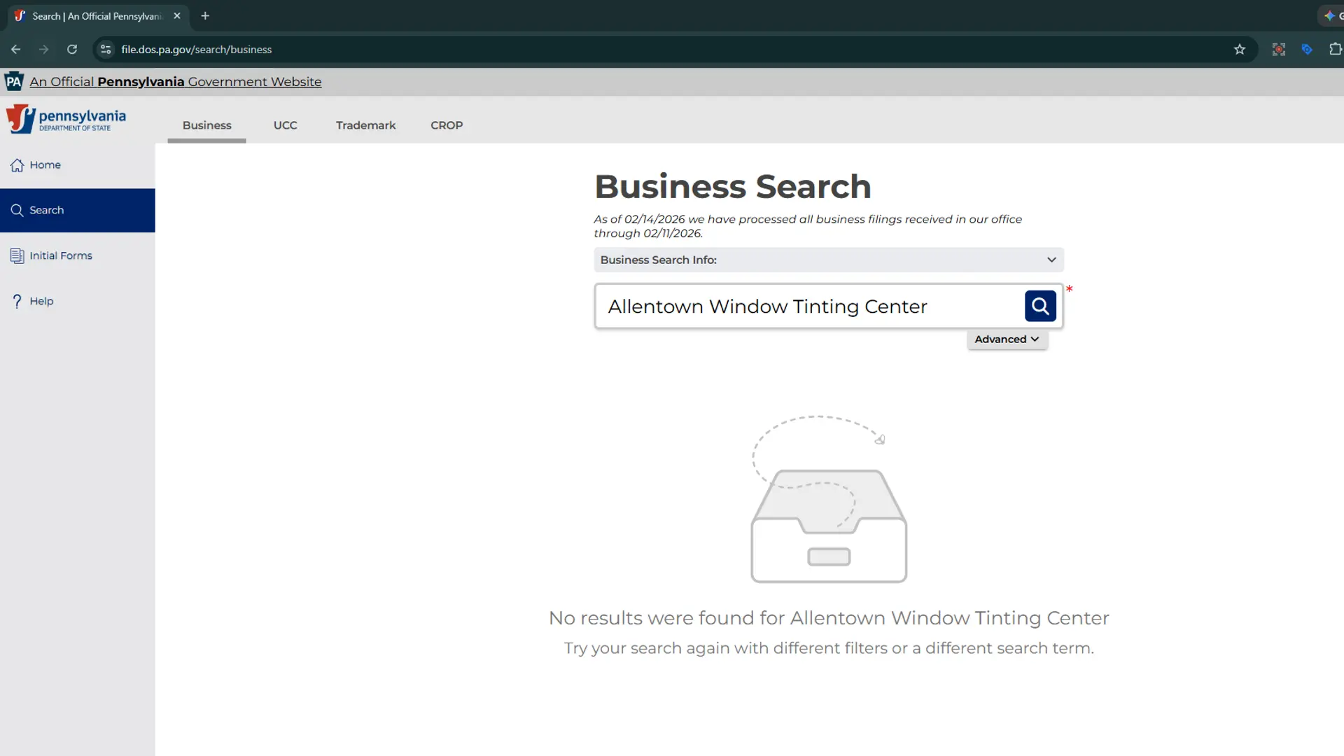 Definitive proof of search engine manipulation: PA Department of State search showing 'No records found' for Allentown Window Tinting Center, confirming it is not a registered business.