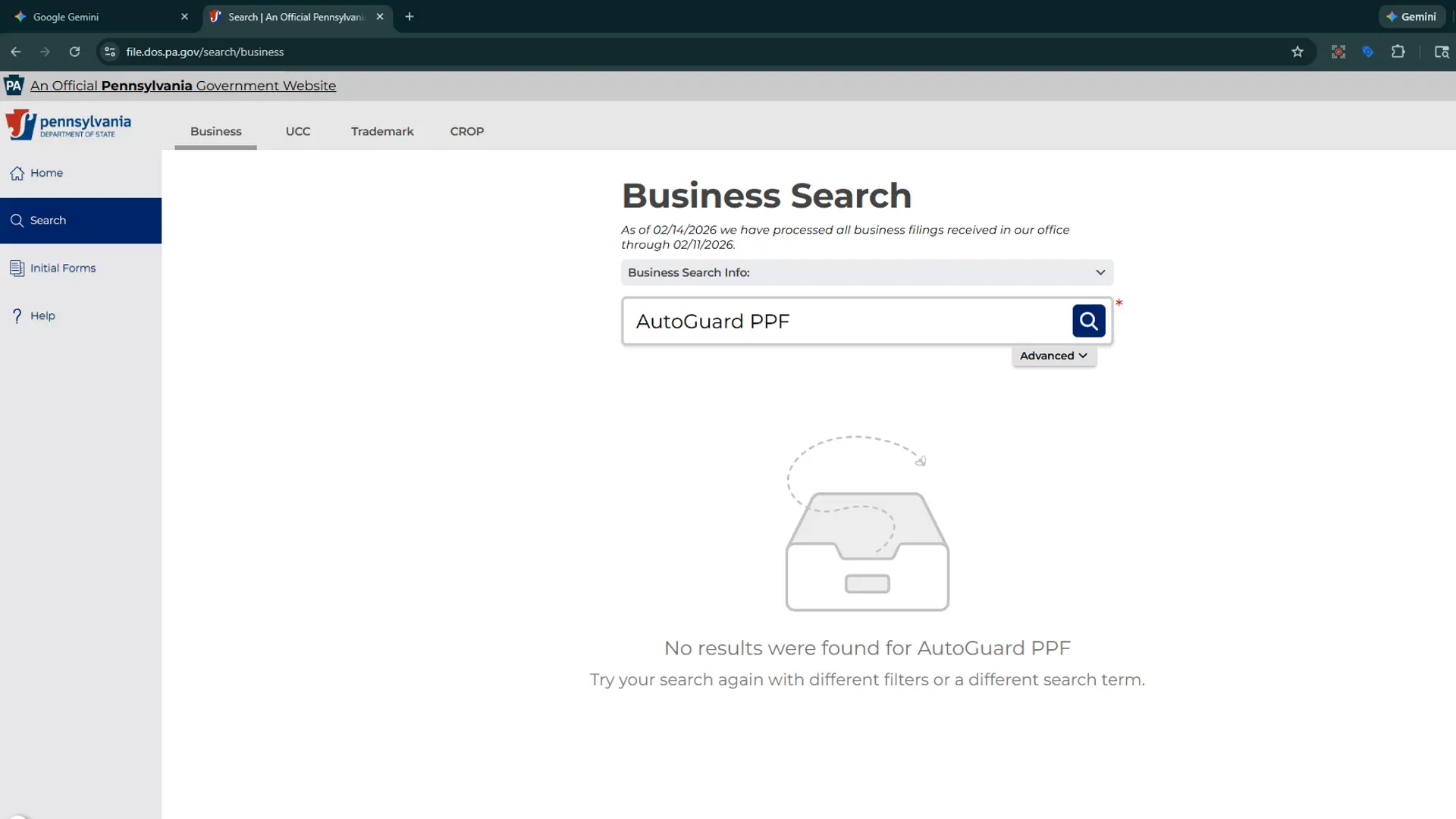 Evidence of deceptive marketing: An official PA Department of State search result showing 'No records found' for 'AutoGuard PPF.' This screenshot proves that deceptive 'Best of' lists are using sound-alike names to confuse customers looking for legitimate local paint protection film installers in Allentown.