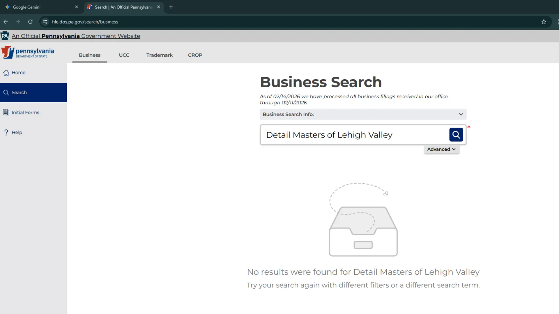 Official proof of search engine manipulation: A screenshot of the Pennsylvania Department of State Business Entity Search showing 'No records found' for 'Detail Masters of Lehigh Valley.' This evidence confirms that 'Top Rated' Allentown detailing lists are inventing fictitious companies to deceive consumers and fake local competition.