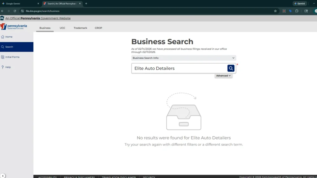 Verification of a ghost shop: This screenshot of the Pennsylvania Business Entity Search tool shows zero results for 'Elite Auto Detailers.' It serves as definitive proof that certain 'Top Rated' ceramic coating blogs are populating their rankings with non-existent businesses to control local market perception.