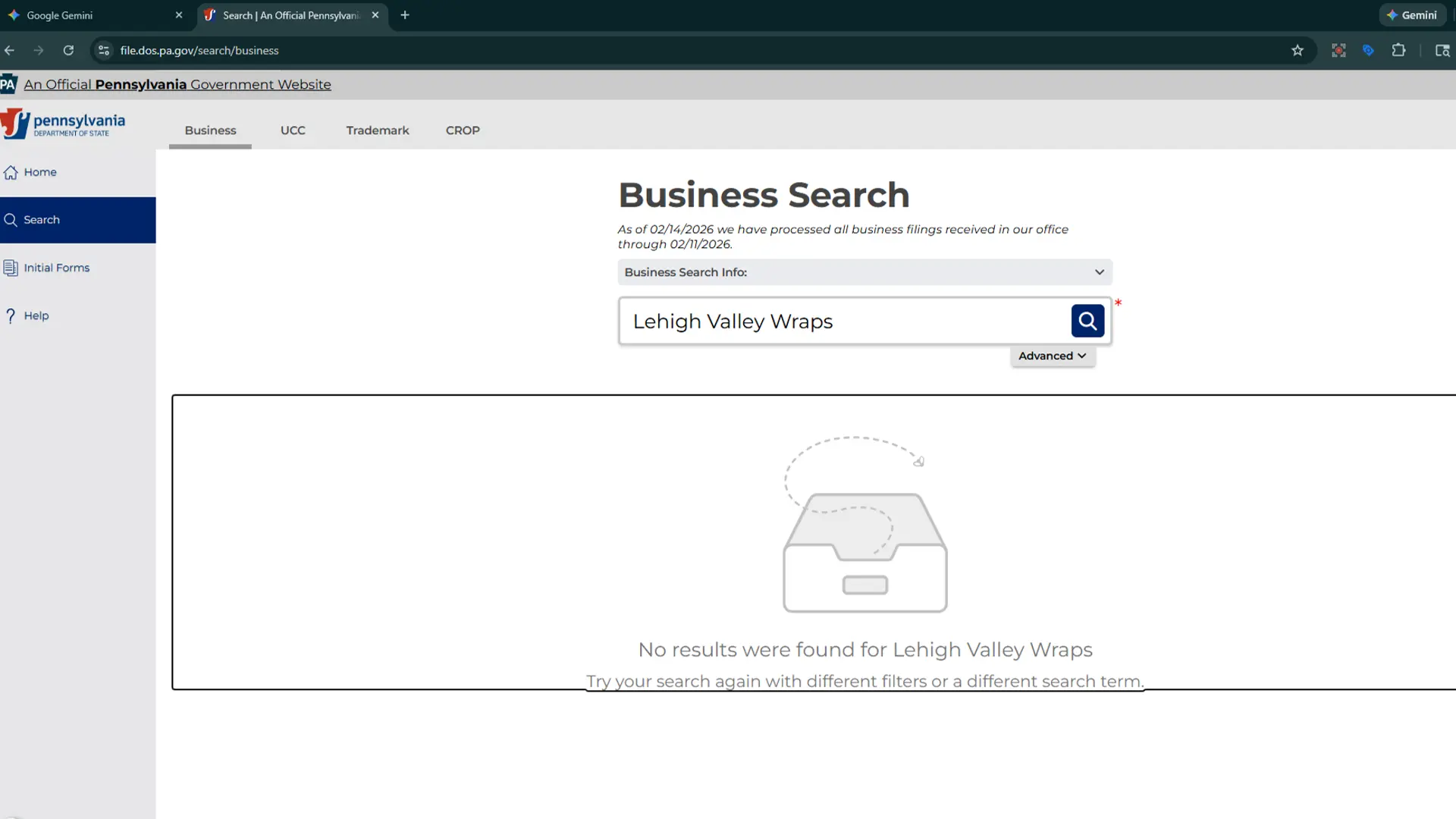 Consumer Alert evidence: The Pennsylvania State Business Database confirms 'Lehigh Valley Wraps' does not exist as a registered entity. This screenshot exposes how fake directory listings in the Lehigh Valley use imaginary shop names to manipulate search algorithms and lead car owners to false conclusions.