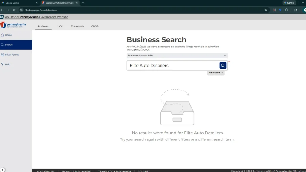 Evidence of a recurring scam: PA state business search confirms Elite Auto Tint does not exist. This follows the pattern of 'Elite' ghost shops found on other fake detailing lists.