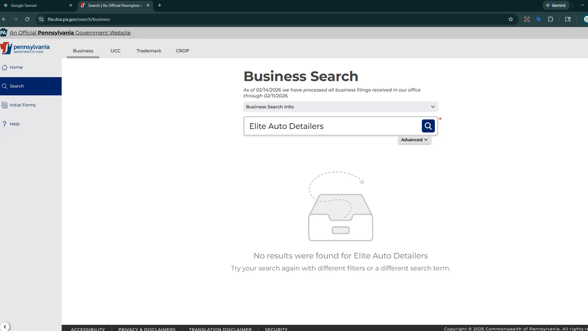 Evidence of a recurring scam: PA state business search confirms Elite Auto Tint does not exist. This follows the pattern of 'Elite' ghost shops found on other fake detailing lists.