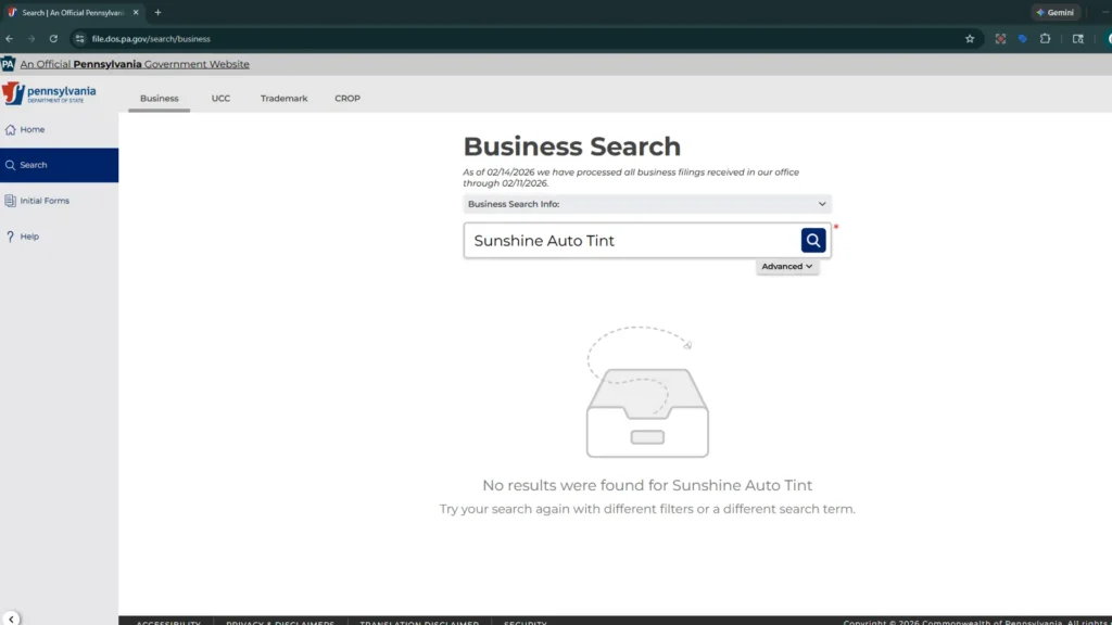 Final proof of a fraudulent list: PA Department of State Business Entity Search showing 'No records found' for Sunshine Auto Tint in Allentown, PA.