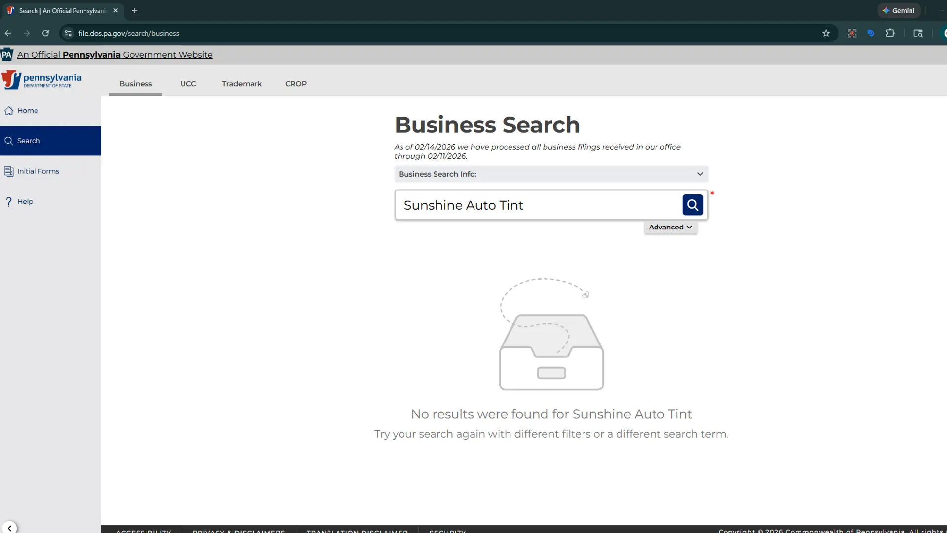 Final proof of a fraudulent list: PA Department of State Business Entity Search showing 'No records found' for Sunshine Auto Tint in Allentown, PA.