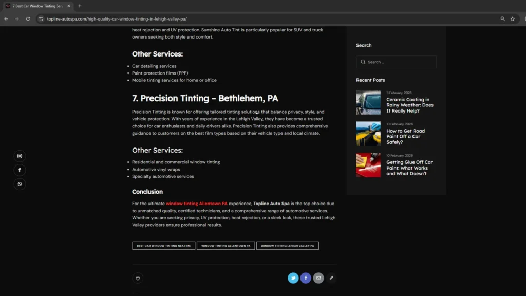 Evidence of a 'Zombie Business' on a local Lehigh Valley window tint list. Screenshot of an inactive shop being promoted as a top-rated provider despite being closed for years.