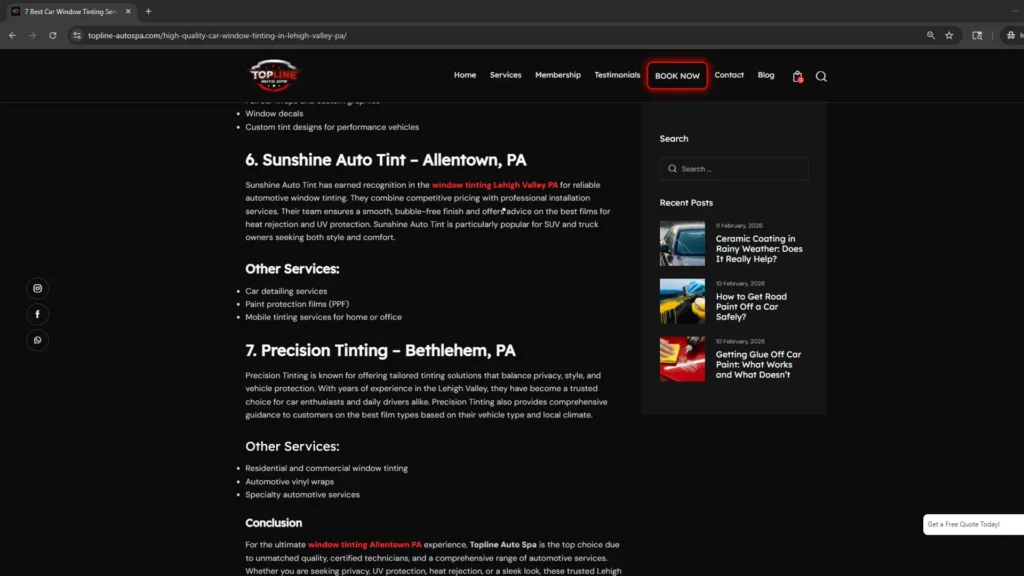Screenshot of the unverified Sunshine Auto Tint listing. This evidence highlights the total lack of human review in modern AI-generated 'Top Rated' window tint blogs.