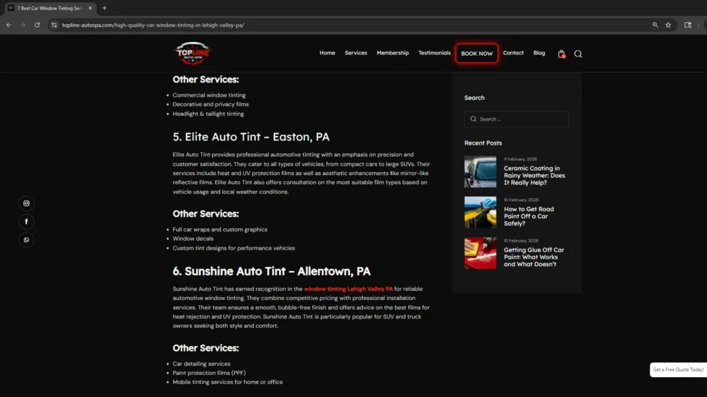 Screenshot showing a fake 'Elite Auto Tint' listing in Easton, PA. Visual proof of how scammers use imaginary business locations to trick local car owners.